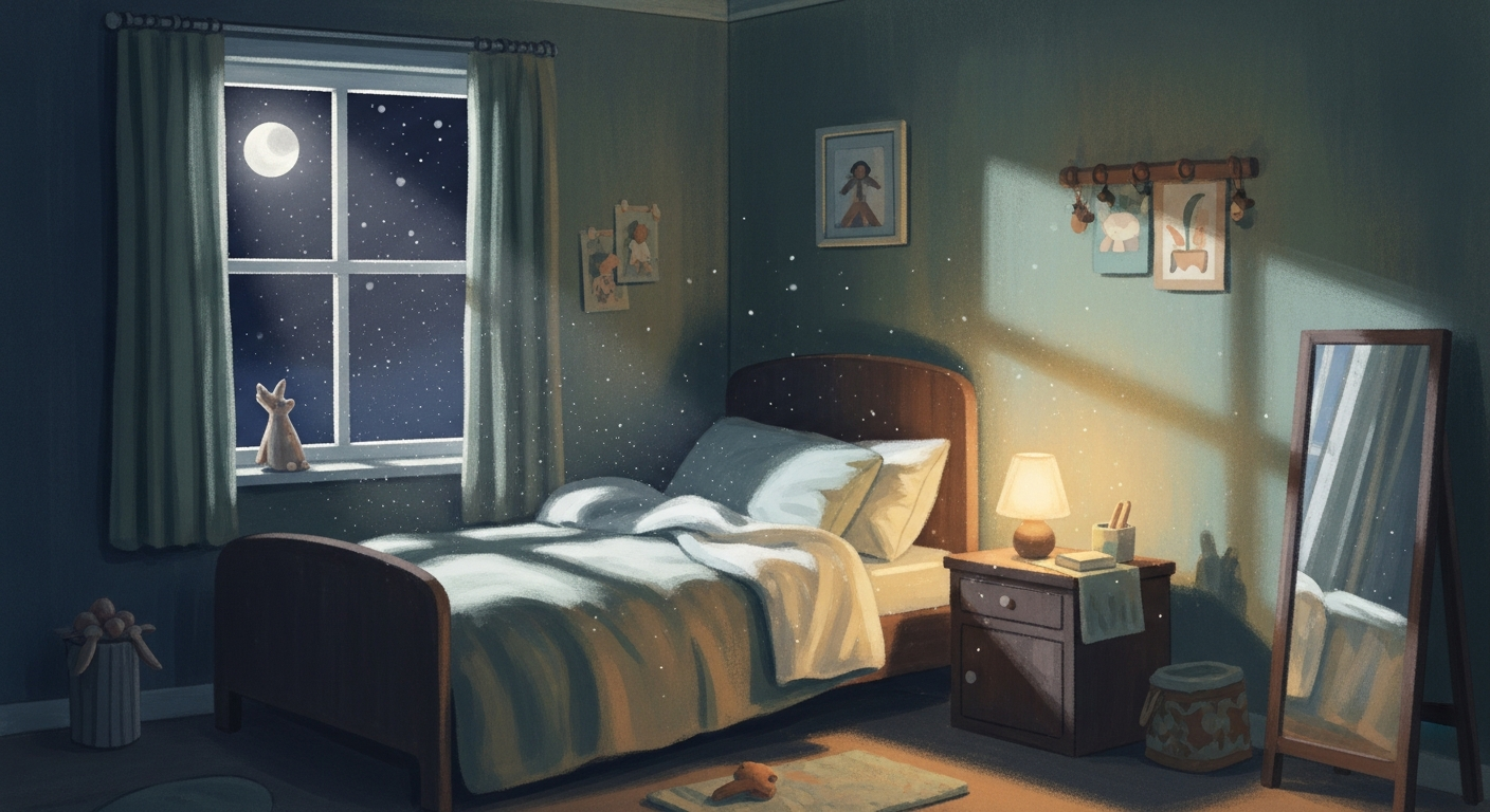 A peaceful moonlit child's bedroom with a starry night sky